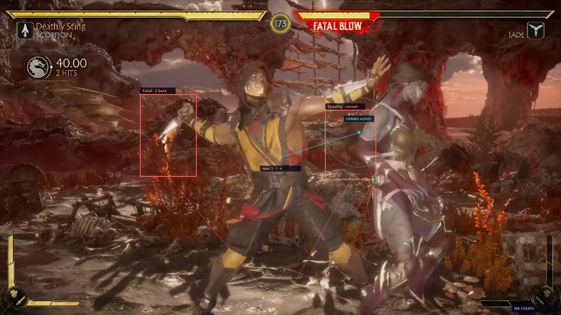Mortal Kombat 1 frame data overlay during a Ranked match